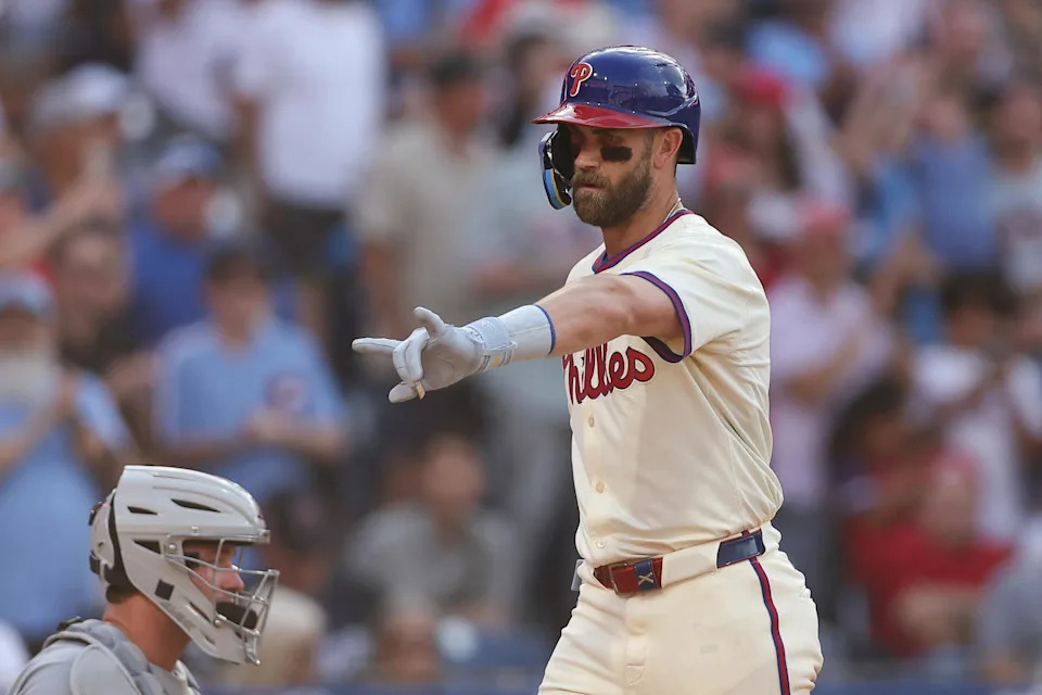 Aug 2, 2025; Philadelphia, Pennsylvania, USA; Philadelphia Phillies first base Bryce Harper (3) reacts after hitting a two RBI home run against the Detroit Tigers during the eighth inning at Citizens Bank Park. Mandatory Credit: Bill Streicher-Imagn Images