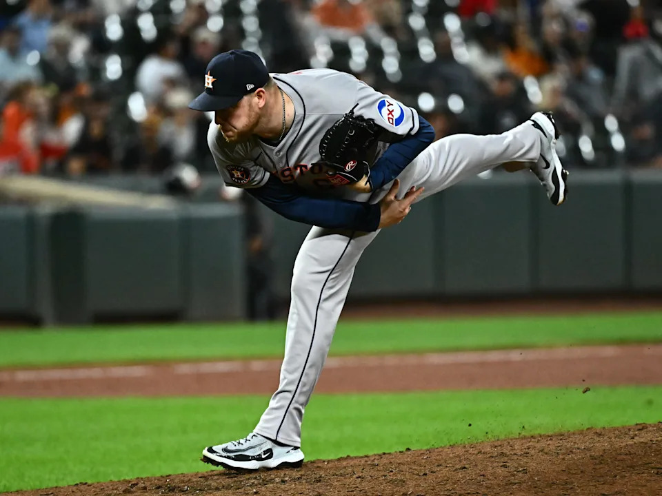 Aug 21, 2025; Baltimore, Maryland, USA; Houston Astros pitcher Kaleb Ort (63) pitches during the eighth inning against the Baltimore Orioles at Oriole Park at Camden Yards. Mandatory Credit: James A. Pittman-Imagn Images