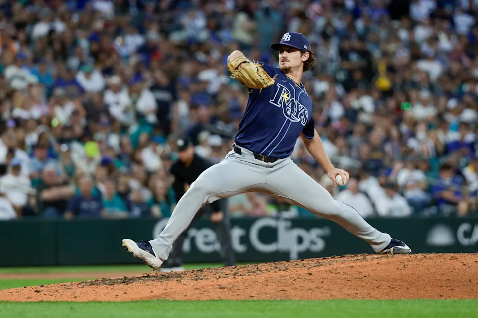Aug 9, 2025; Seattle, Washington, USA; Tampa Bay Rays pitcher Mason Montgomery (48) throws against the Seattle Mariners during the fifth inning at T-Mobile Park. Mandatory Credit: Joe Nicholson-Imagn Images