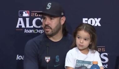 Mariners star Eugenio Suarez at a press conference after Game 5 of the ALCS
