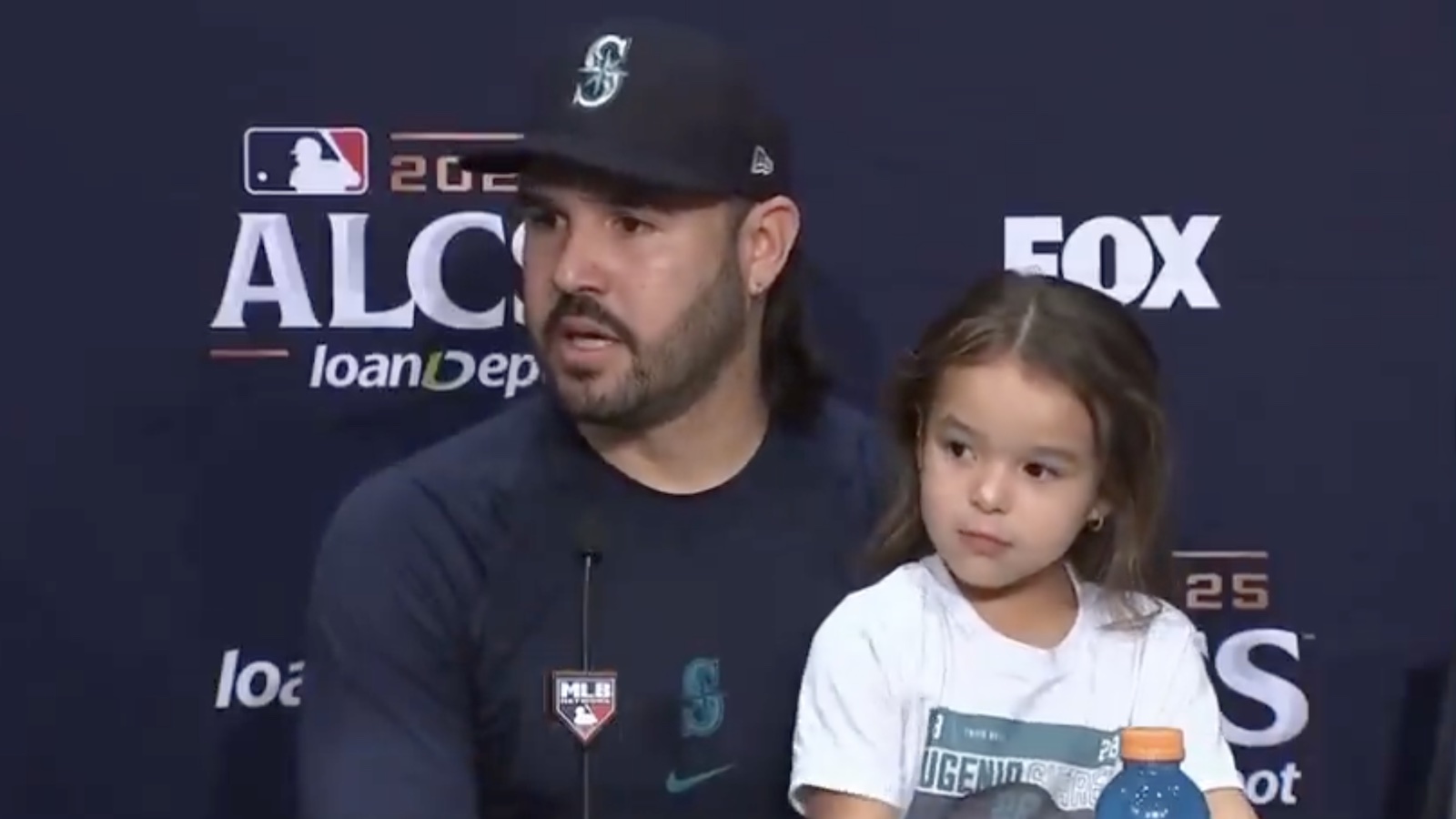 Mariners star Eugenio Suarez at a press conference after Game 5 of the ALCS