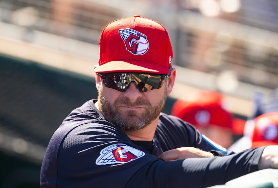 Mar 11, 2024; Goodyear, Arizona, USA; Cleveland Guardians manager Stephen Vogt against the Los Angeles Dodgers during a spring training game at Goodyear Ballpark. Mandatory Credit: Mark J. Rebilas-Imagn Images
