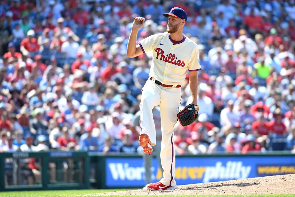 Jul 6, 2025; Philadelphia, Pennsylvania, USA; Philadelphia Phillies pitcher Zack Wheeler (45) reacts after a strike out during the ninth inning against the Cincinnati Reds at Citizens Bank Park. Mandatory Credit: Eric Hartline-Imagn Images