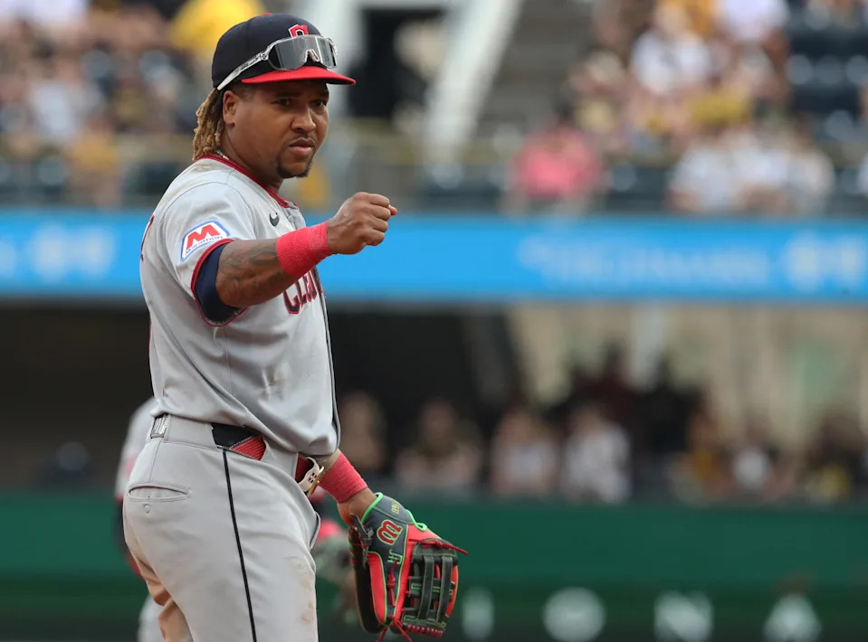 Apr 19, 2025; Pittsburgh, Pennsylvania, USA; Cleveland Guardians third baseman Jose Ramirez (11) gestures an out call to the Pittsburgh Pirates bench during the ninth inning at PNC Park. Mandatory Credit: Charles LeClaire-Imagn Images