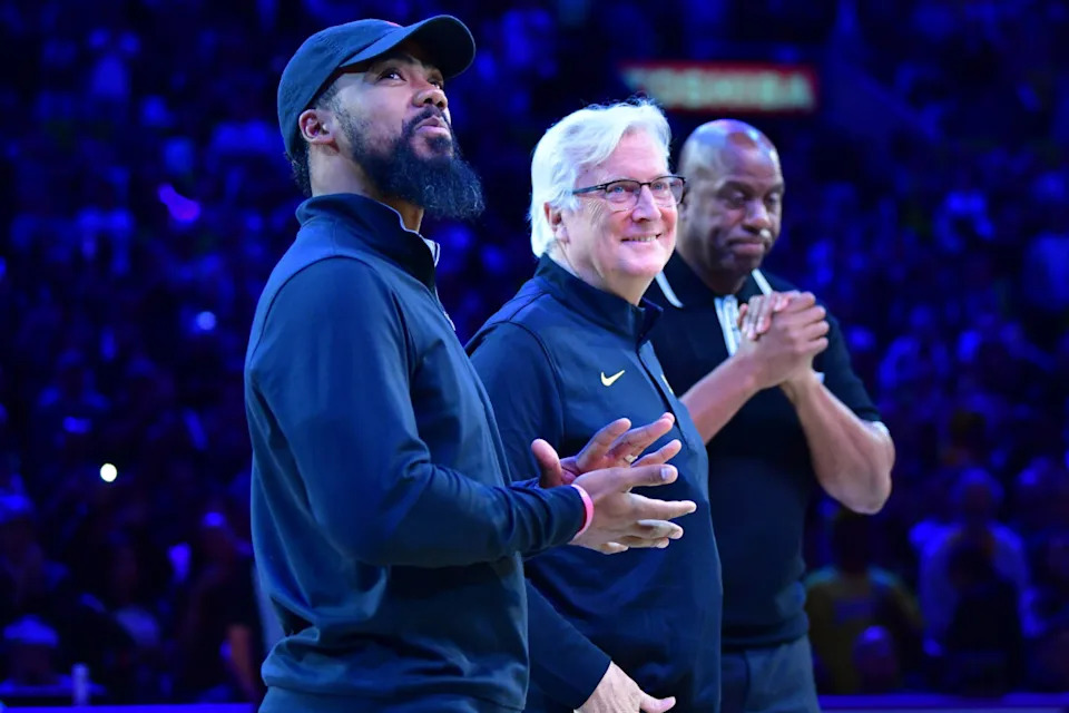 Nov 5, 2025; Los Angeles, California, USA; Los Angeles Dodgers player Teoscar Hernandez, majority owner Mark Walter during recognition for the Los Angeles Dodgers World Series victory at Crypto.com Arena. Mandatory Credit: Gary A. Vasquez-Imagn Images