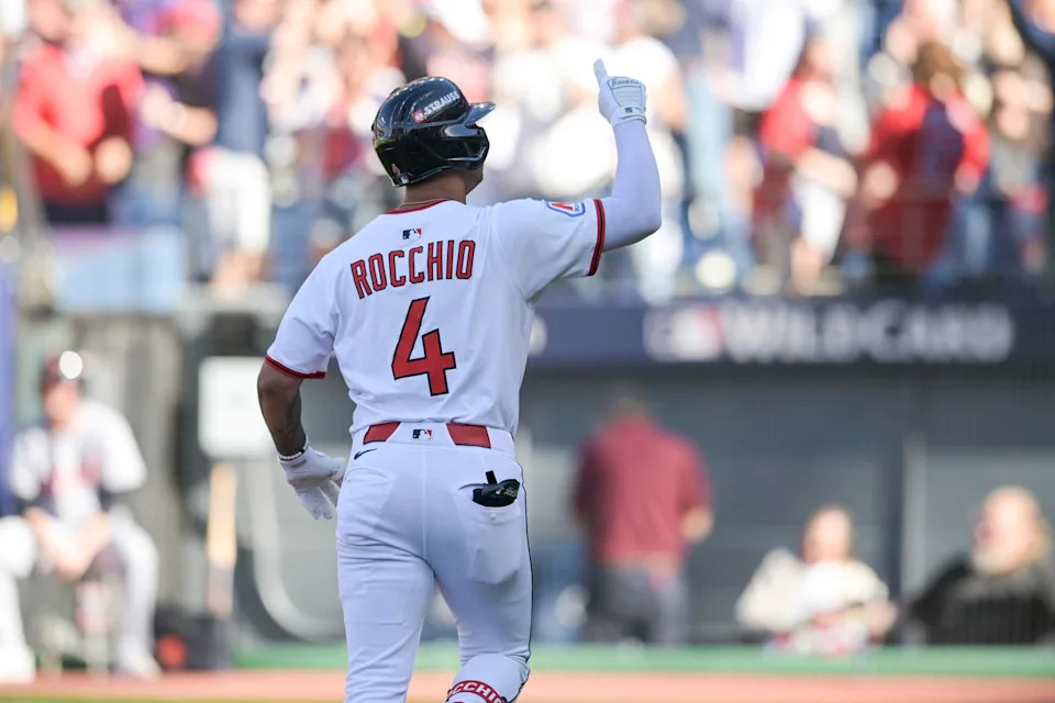 Oct 1, 2025; Cleveland, Ohio, USA; Cleveland Guardians shortstop Brayan Rocchio (4) celebrates after scoring a home run in the eighth inning against the Detroit Tigers during game two of the Wildcard round for the 2025 MLB playoffs at Progressive Field. Mandatory Credit: Ken Blaze-Imagn Images