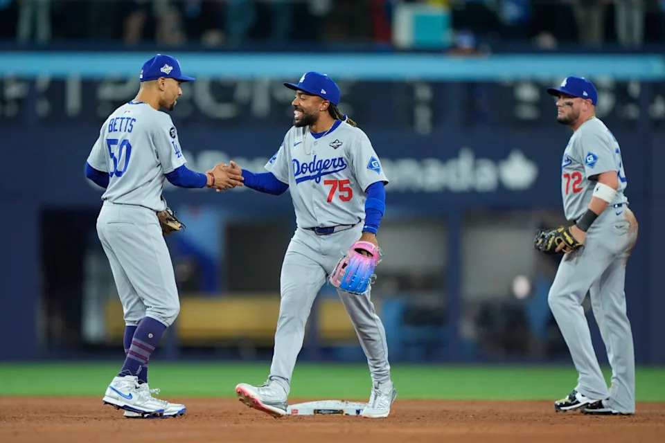 Former Los Angeles Dodgers outfielder Justin Dean after the Dodgers' Game 6 win in the World Series.