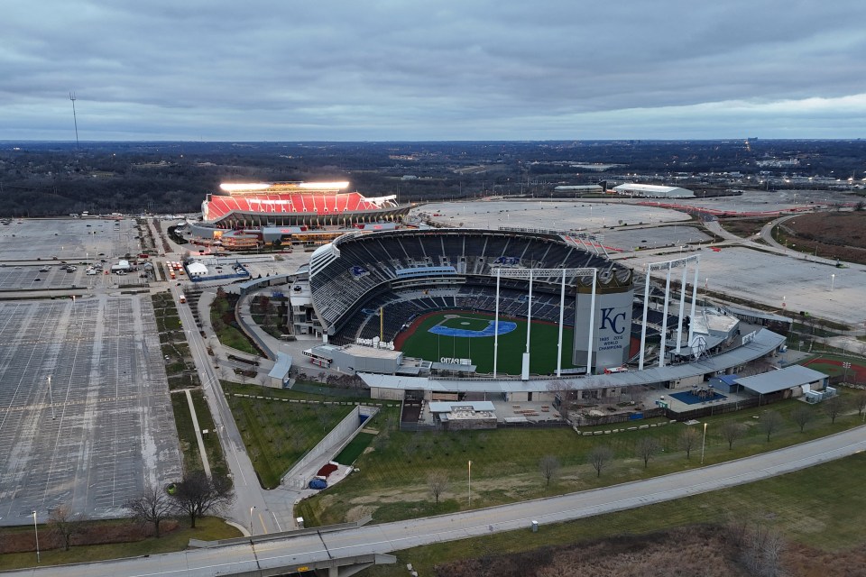 A general overall aerial view of Kauffman Stadium (foreground) and Arrowhead Stadium at the Truman Sports Complex on December 25, 2023