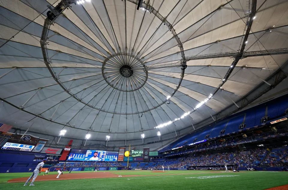 A general view during a game between the Tampa Bay Rays and the Texas Rangers  at Tropicana Field on April 02, 2024 in St Petersburg, Florida.
