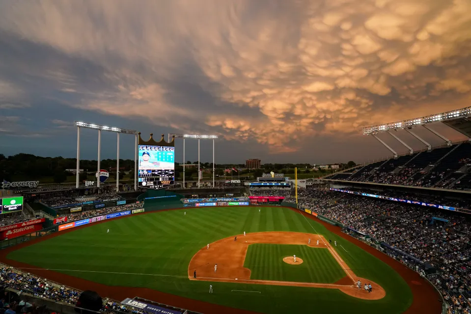 A general view of the sky lighting up as the Kansas City Royals take on the Los Angeles Dodgers during the second inning at Kauffman Stadium on July 01, 2023 in Kansas City, Missouri. 