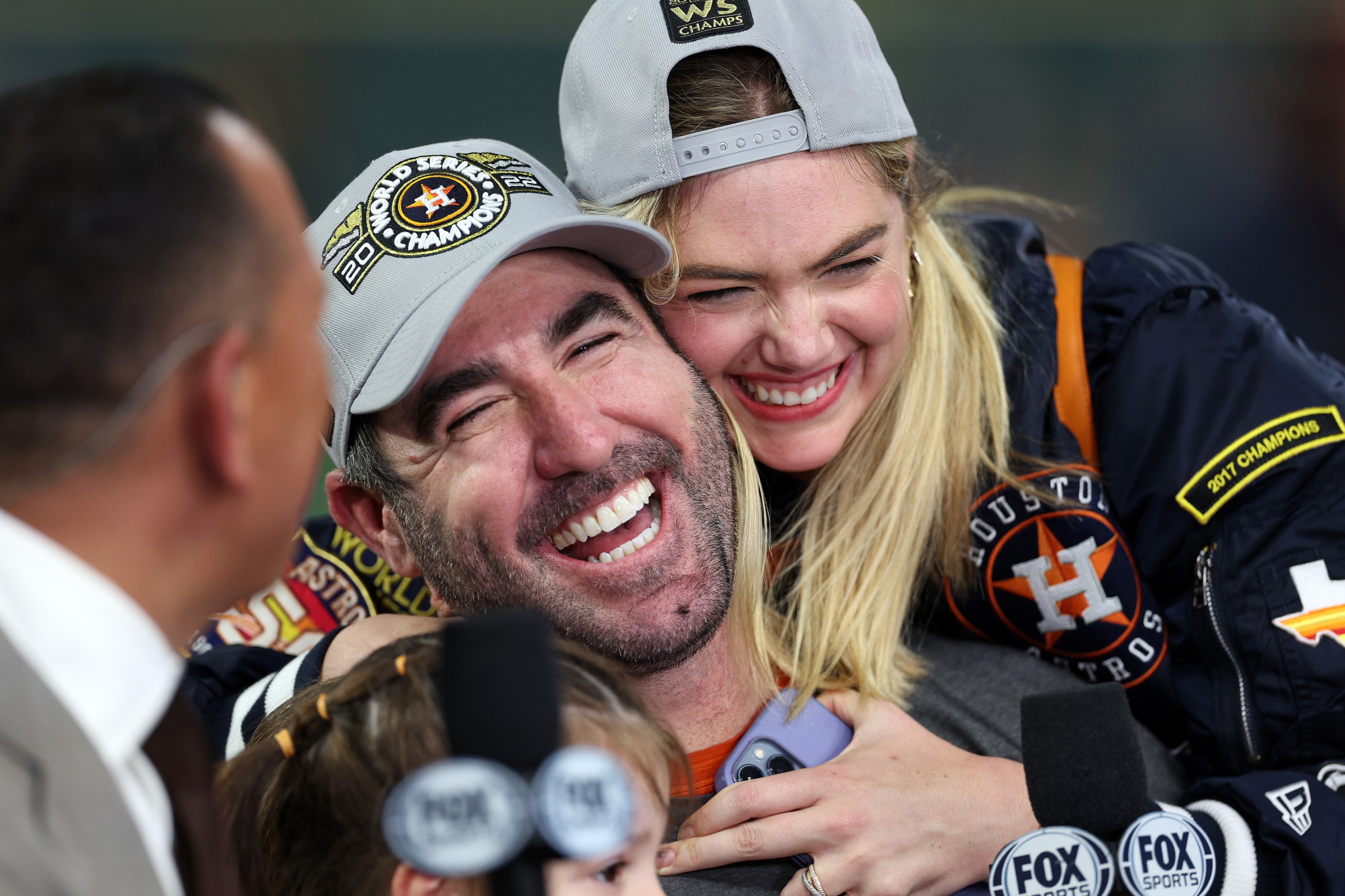 HOUSTON, TEXAS - NOVEMBER 05: Justin Verlander #35 of the Houston Astros and wife Kate Upton celebrate after defeating the Philadelphia Phillies 4-1 to win the 2022 World Series in Game Six of the 2022 World Series at Minute Maid Park on November 05, 2022 in Houston, Texas. (Photo by Rob Carr/Getty Images)