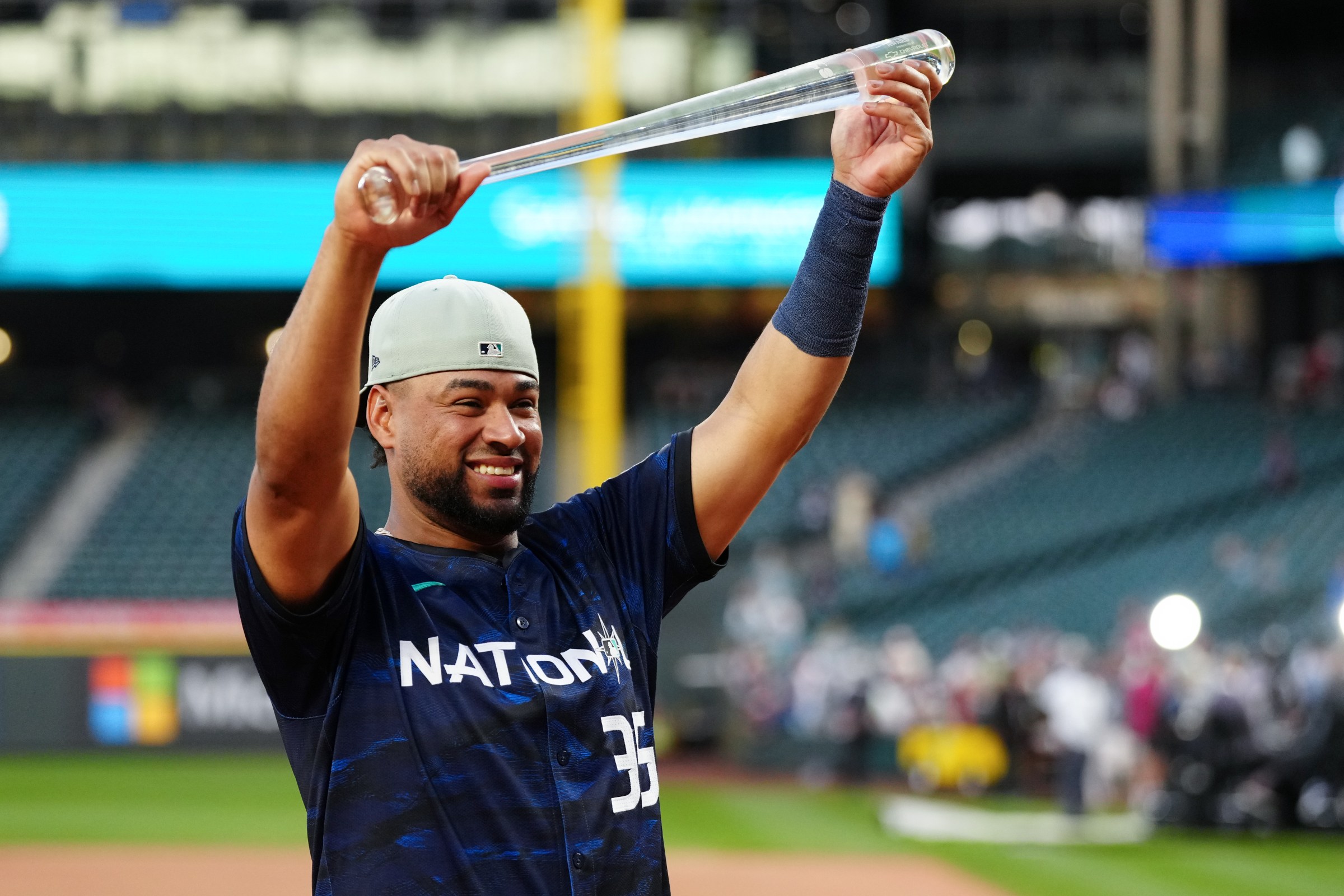SEATTLE, WA - JULY 11: Elias Díaz #35 of the Colorado Rockies poses for a photo with the Ted Williams All-Star Game MVP award after the 93rd MLB All-Star Game presented by Mastercard at T-Mobile Park on Tuesday, July 11, 2023 in Seattle, Washington. (Photo by Daniel Shirey/MLB Photos via Getty Images)