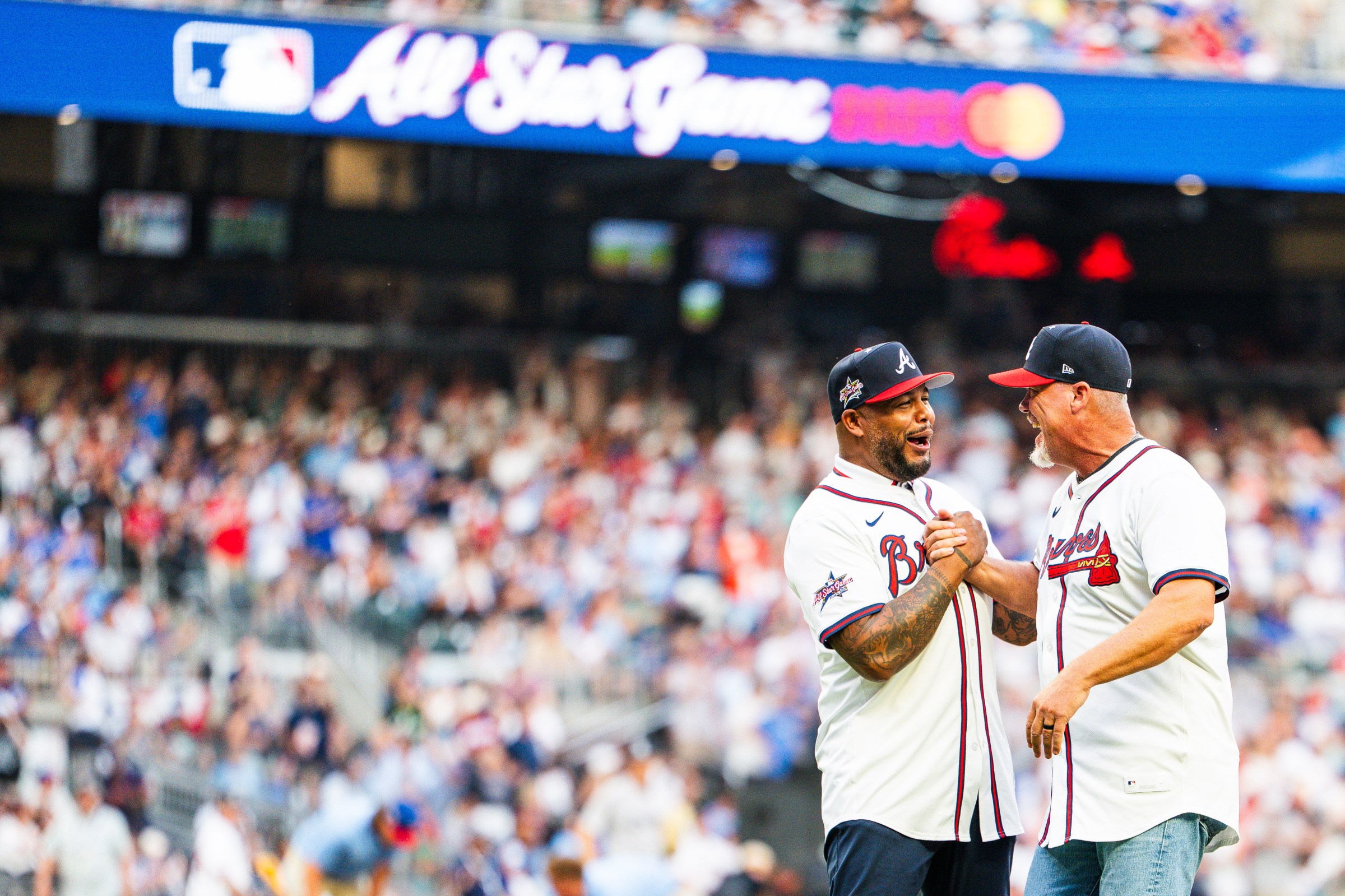 ATLANTA, GA - JULY 15: Andruw Jones and Chipper Jones of the Atlanta Braves laugh before the MLB All-Star Game at Truist Park on July 15, 2025 in Atlanta, Georgia. (Photo by Kevin D. Liles/Atlanta Braves/Getty Images)