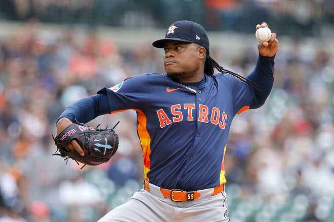 DETROIT, MI -  AUGUST 20:  Framber Valdez #59 of the Houston Astros pitches against the Detroit Tigers during the first inning at Comerica Park on August 20, 2025 in Detroit, Michigan. (Photo by Duane Burleson/Getty Images)