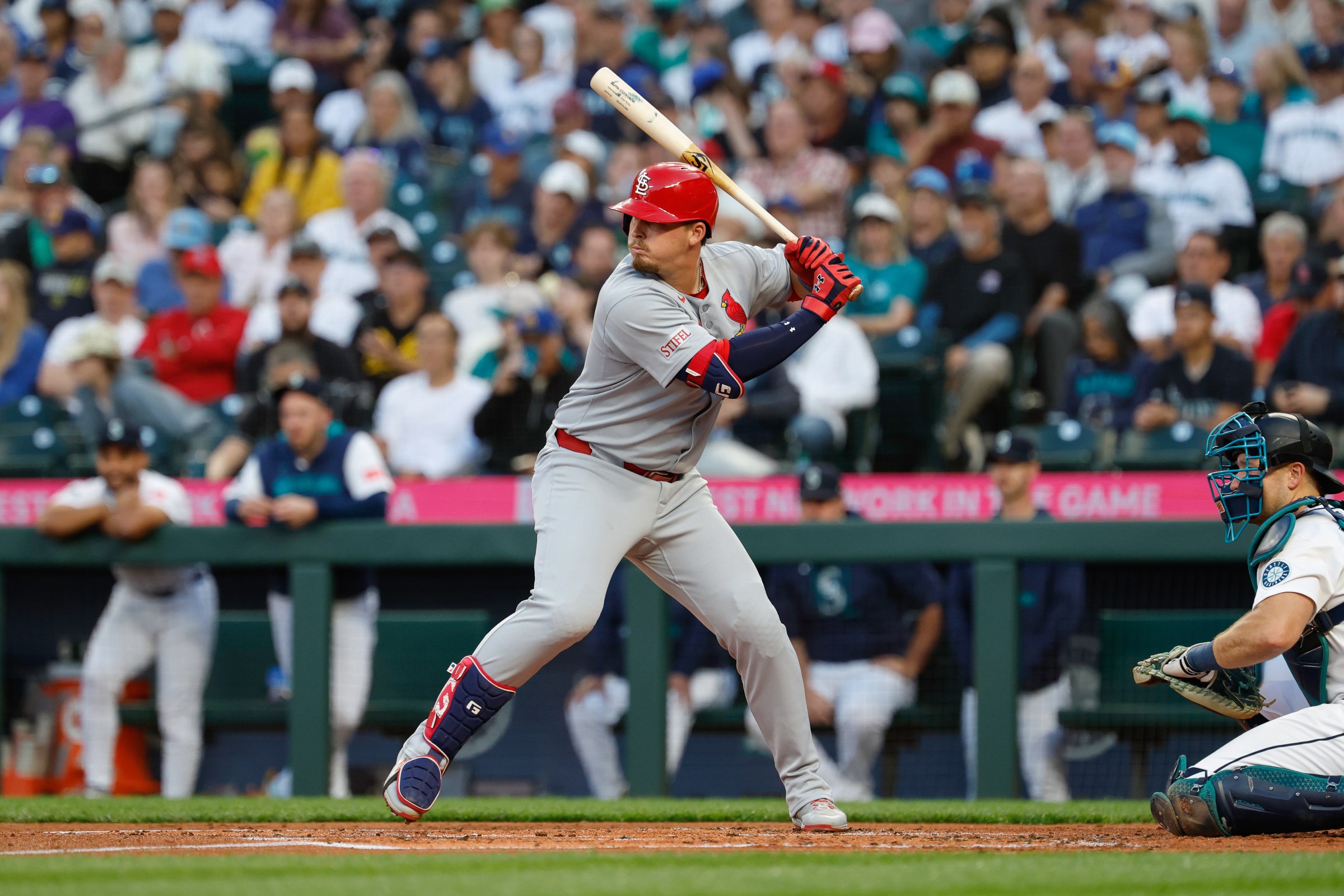 SEATTLE, WASHINGTON - SEPTEMBER 08: Nolan Gorman #16 of the St. Louis Cardinals bats during the second inning against the Seattle Mariners at T-Mobile Park on September 08, 2025 in Seattle, Washington. (Photo by Alika Jenner/Getty Images)