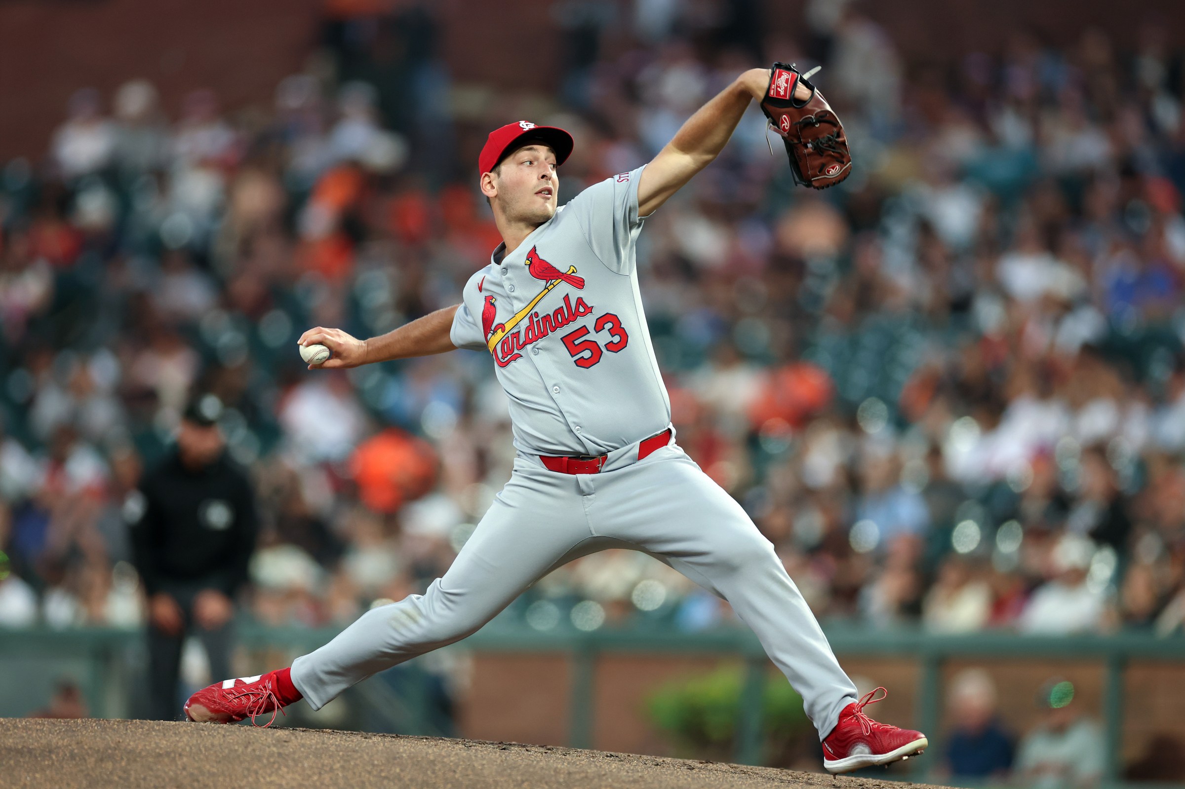 SAN FRANCISCO, CALIFORNIA - SEPTEMBER 23: Andre Pallante #53 of the St. Louis Cardinals pitches against the San Francisco Giants in the first inning at Oracle Park on September 23, 2025 in San Francisco, California. (Photo by Ezra Shaw/Getty Images)