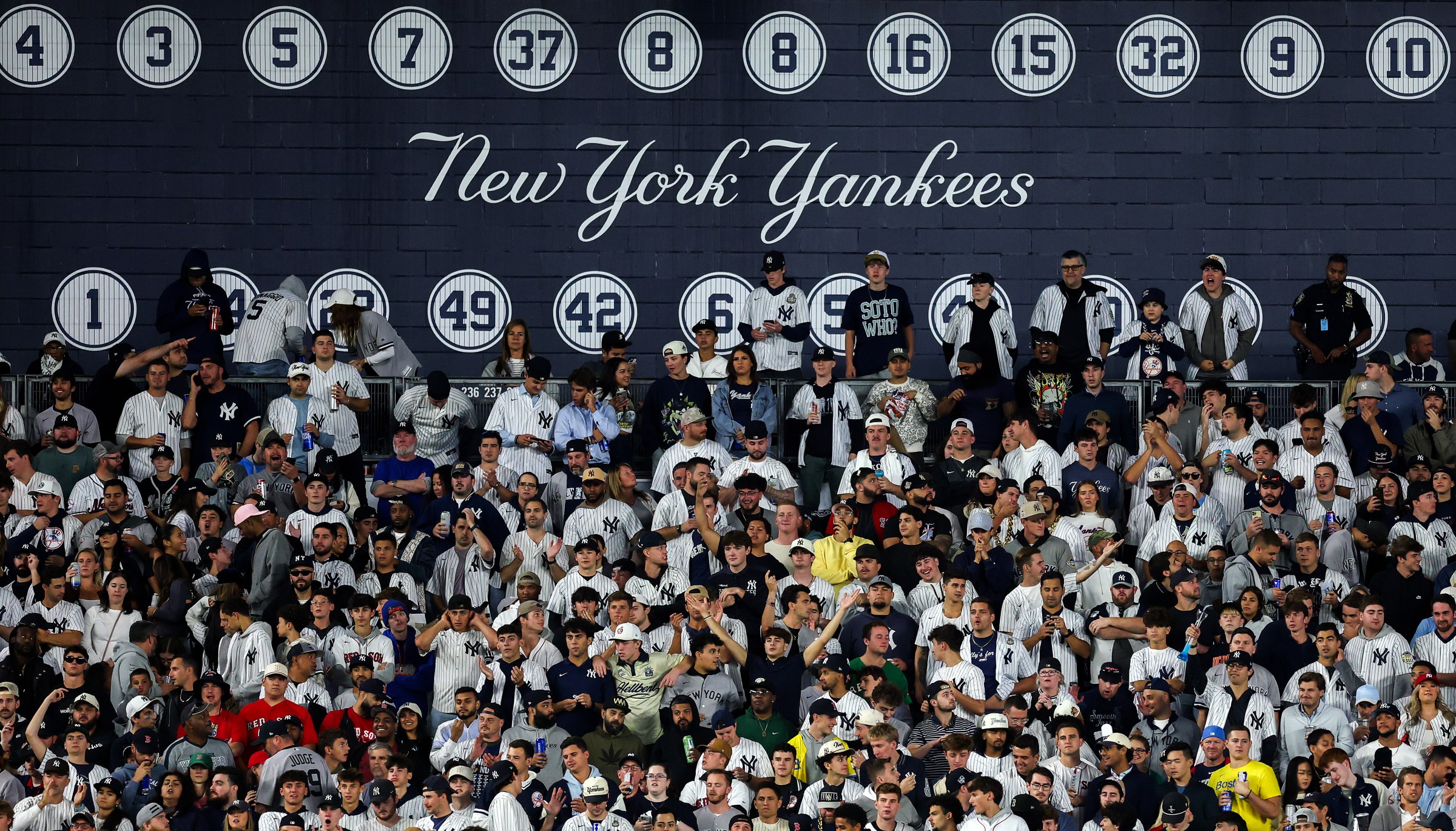 NEW YORK, NEW YORK - OCTOBER 01: Fans of the New York Yankees look on during game two of the American League Wild Card Series against the Boston Red Sox at Yankee Stadium on October 1, 2025 in the Bronx borough of New York City. (Photo by Ishika Samant/Getty Images)