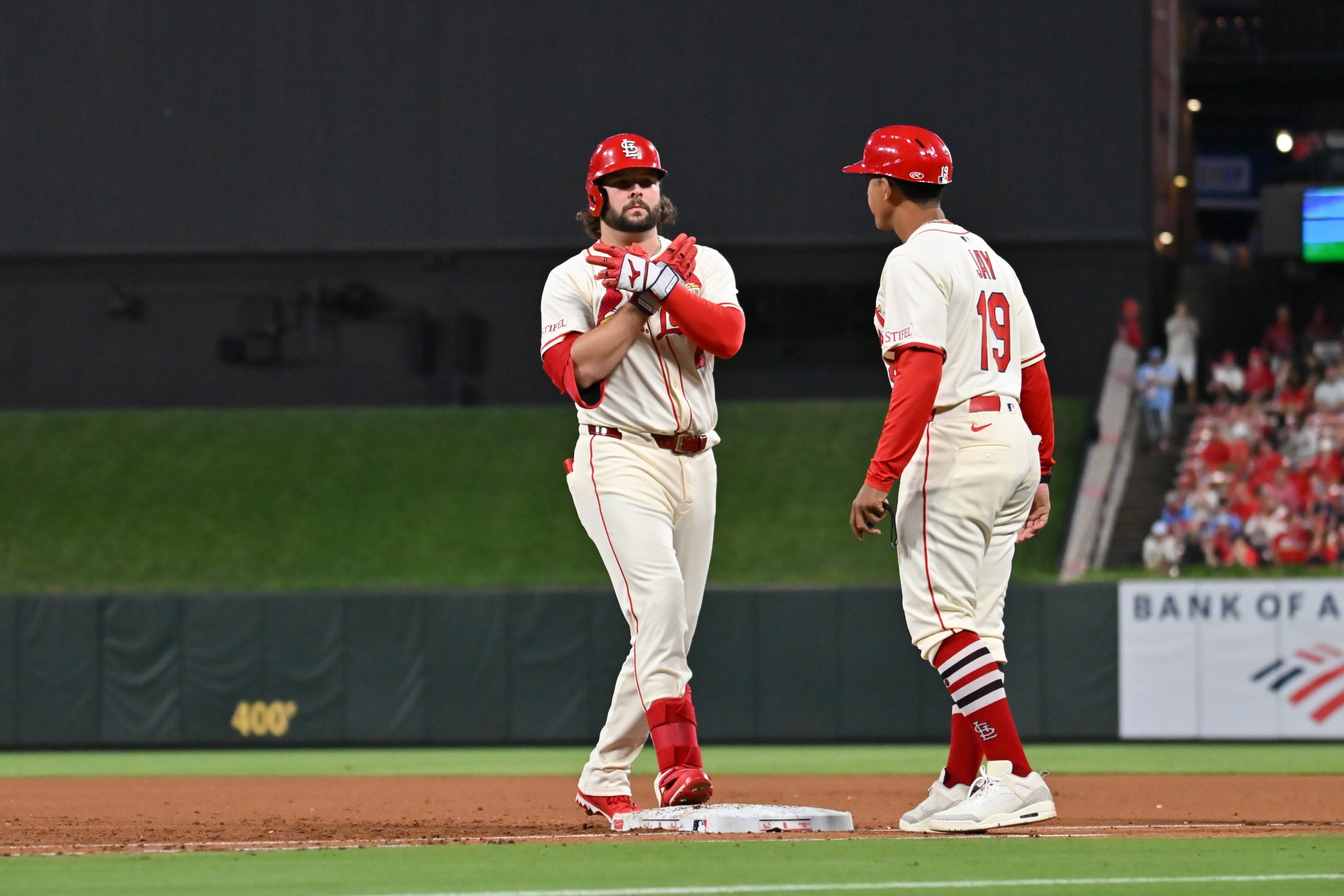 ST. LOUIS, MO - SEPTEMBER 20: Alec Burleson #41 of the St. Louis Cardinals celebrates on first base during the game between the Milwaukee Brewers and the St. Louis Cardinals at Busch Stadium on Saturday, September 20, 2025 in St. Louis, Missouri. (Photo by Ali Overstreet/MLB Photos via Getty Images)