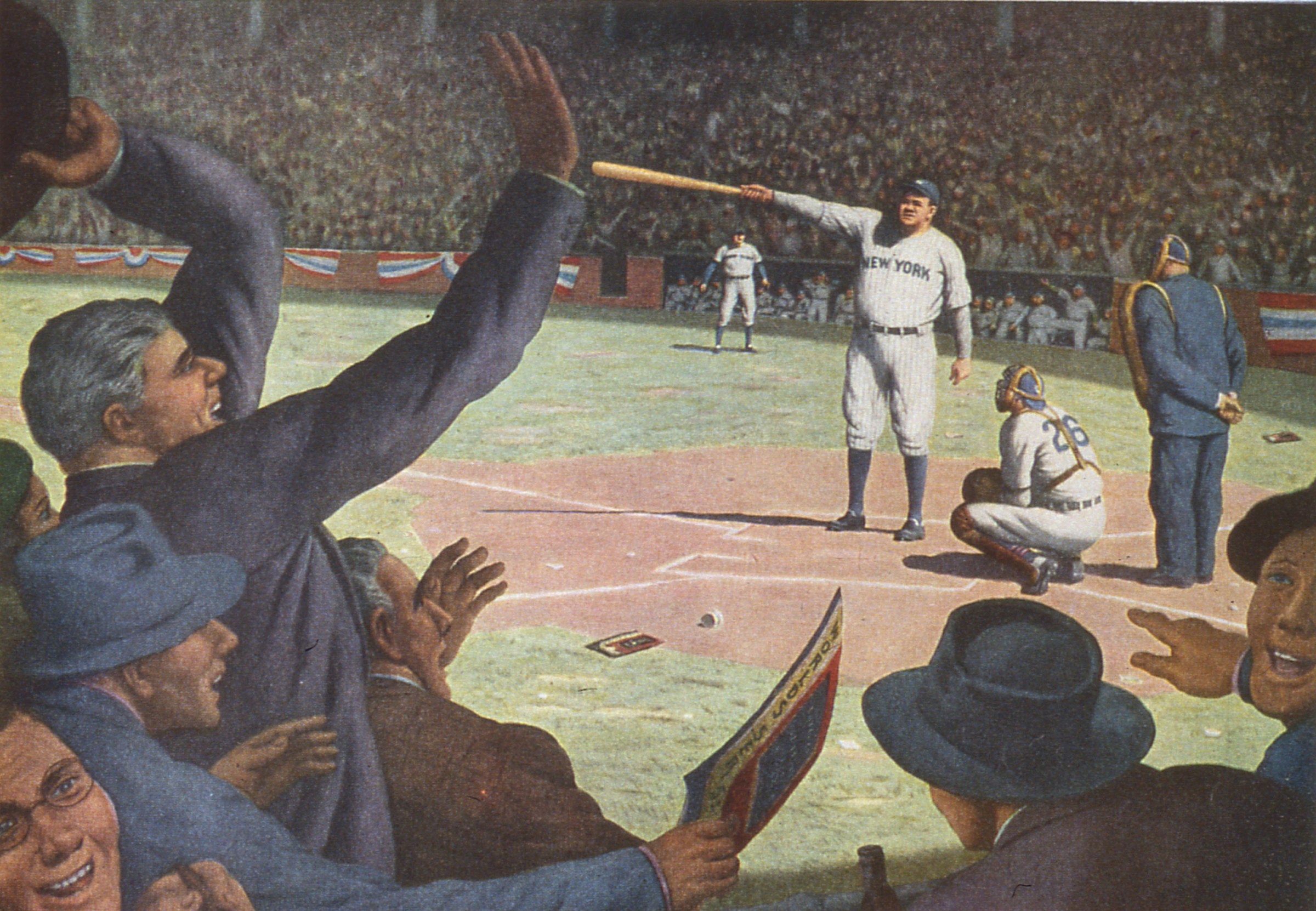 UNITED STATES - CIRCA 1933: An illlustration of Babe Ruth calling his shot in the fifth inning of the third game, 1932 World Series, He then proceeded to hit a homerun where he pointed his bat, Colored illustration, 01/01/1933 (Photo by Transcendental Graphics/Getty Images)