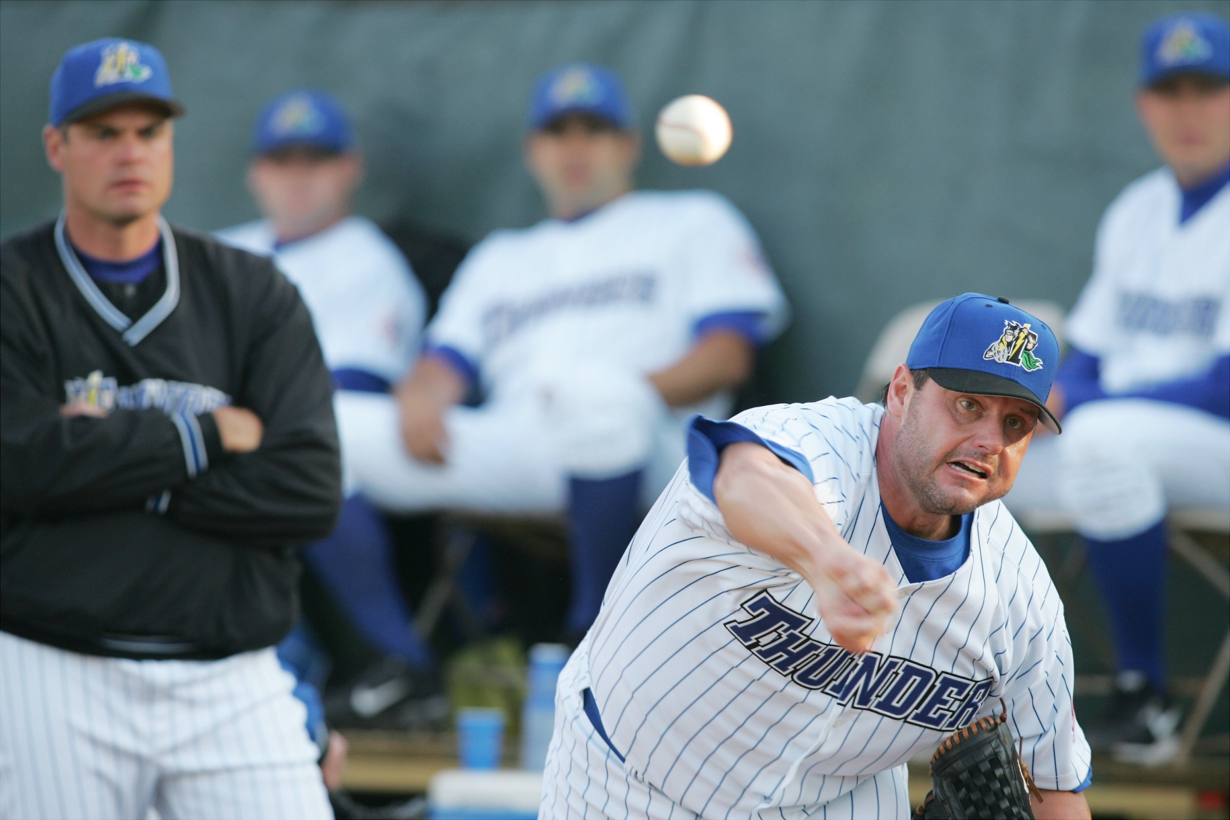 UNITED STATES - MAY 23: New York Yankees’ Roger Clemens, pitching for the Double-A affiliate Trenton Thunder, warms up in the bullpen before his start against the Portland Sea Dogs at Waterfront Park. (Photo by Corey Sipkin/NY Daily News Archive via Getty Images)