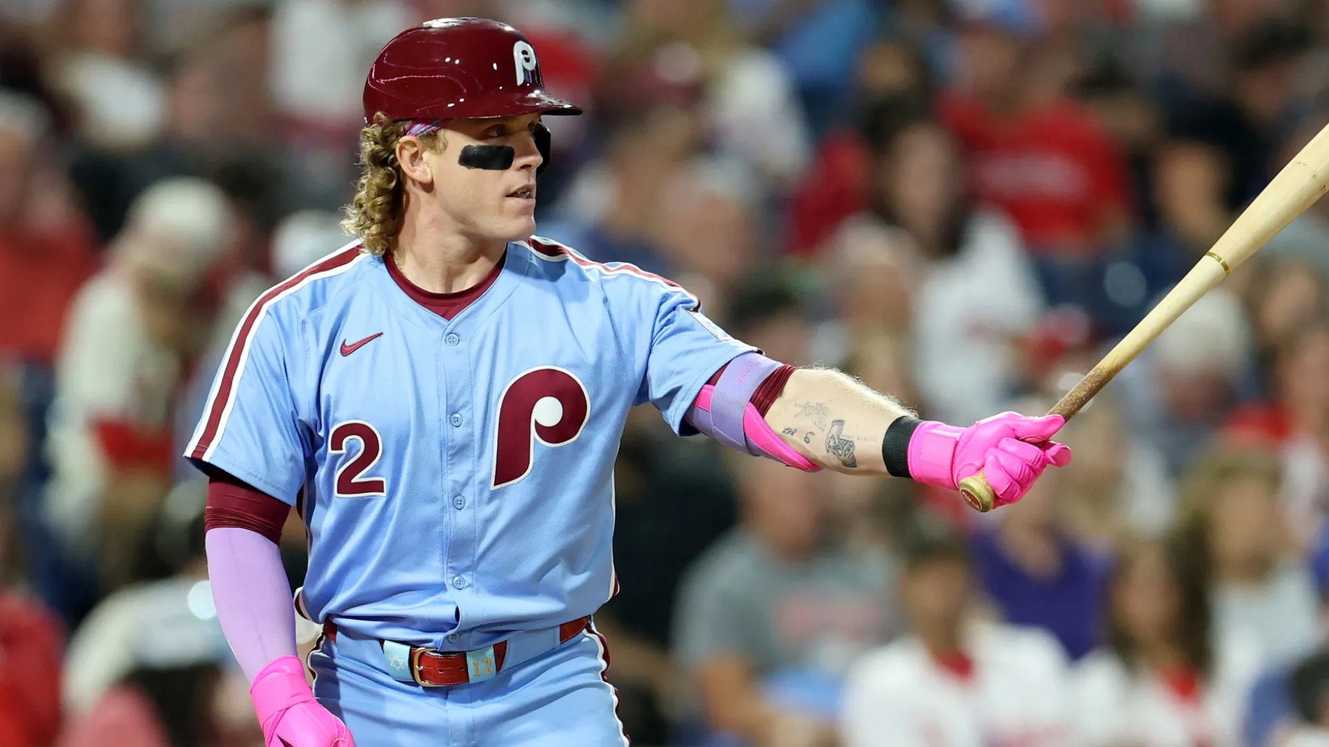 Harrison Bader #2 of the Phillies at bat during a game against the Braves. Emilee Chinn/Getty Images