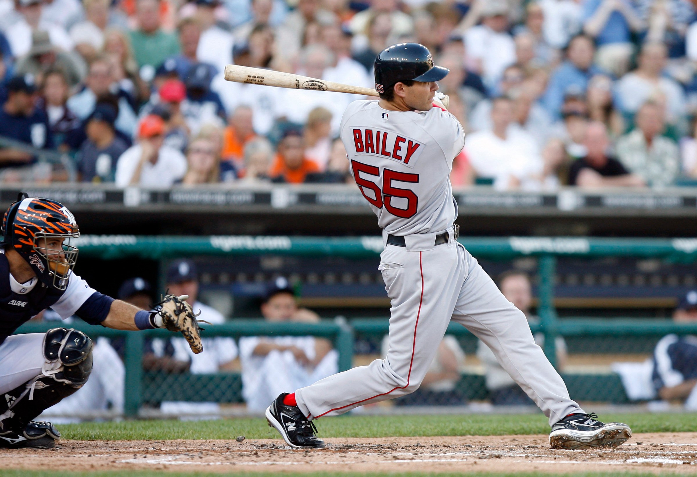 July 6, 2007; Detroit, MI, USA; Boston Red Sox first baseman Jeff Bailey (55) played in his first major league game after playing 961 games and 3,251 at bats in the Minors Friday night at Comerica Park in Detroit, MI. Bailey flied out to left field in his first at bat. The Tigers defeated the Red Sox 9-2. Mandatory Credit: Leon Halip-Imagn Images