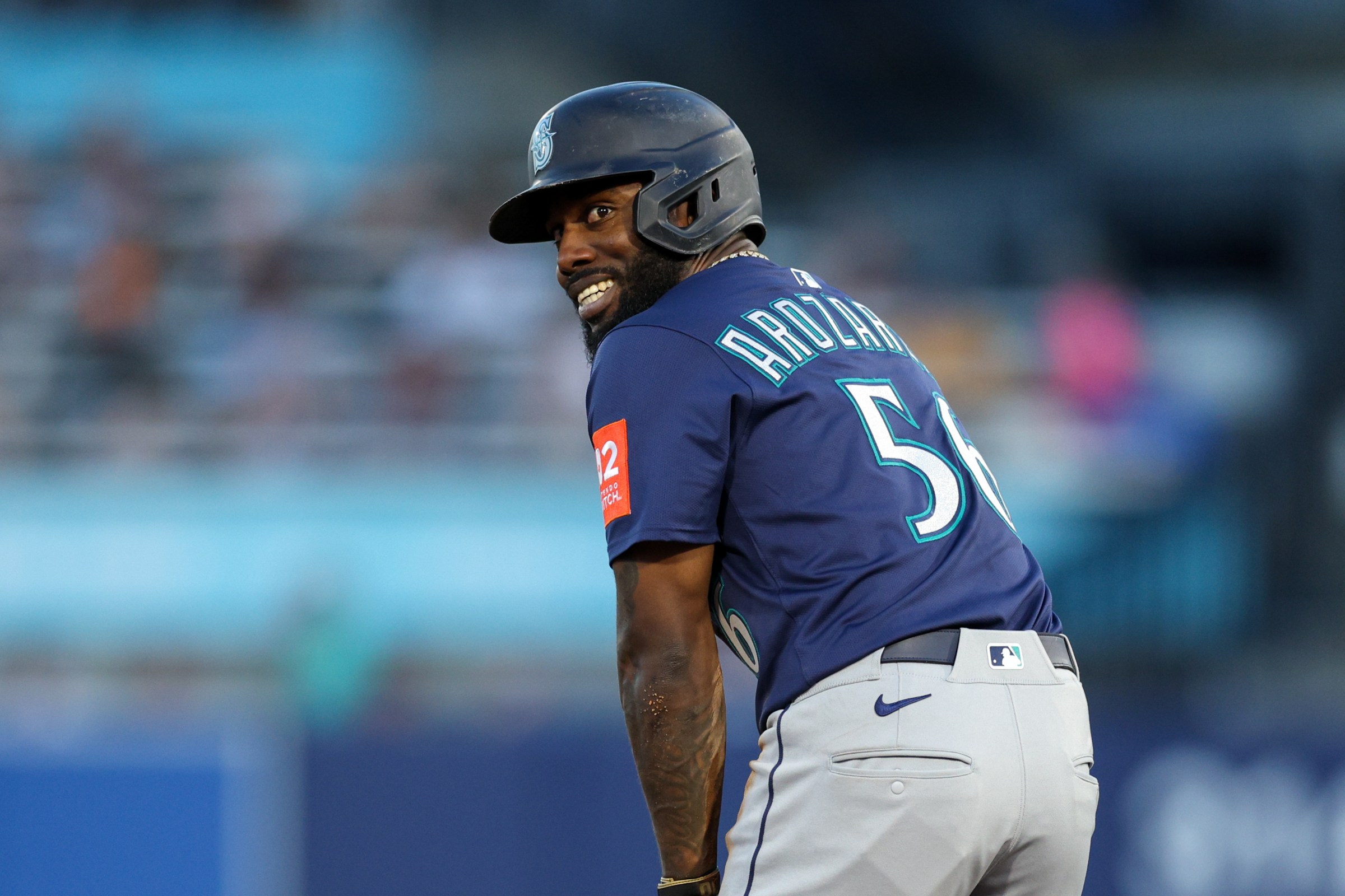 Sep 1, 2025; Tampa, Florida, USA; Seattle Mariners left fielder Randy Arozarena (56) reacts after being caught in a run down against the Tampa Bay Rays in the first inning at George M. Steinbrenner Field. Mandatory Credit: Nathan Ray Seebeck-Imagn Images