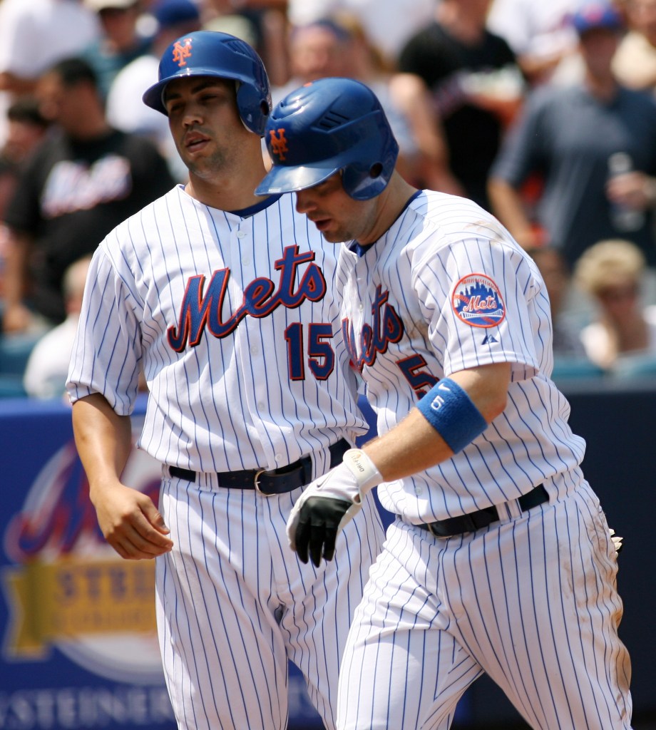 Mets players David Wright and Carlos Beltran after Wright's 2-run home run.