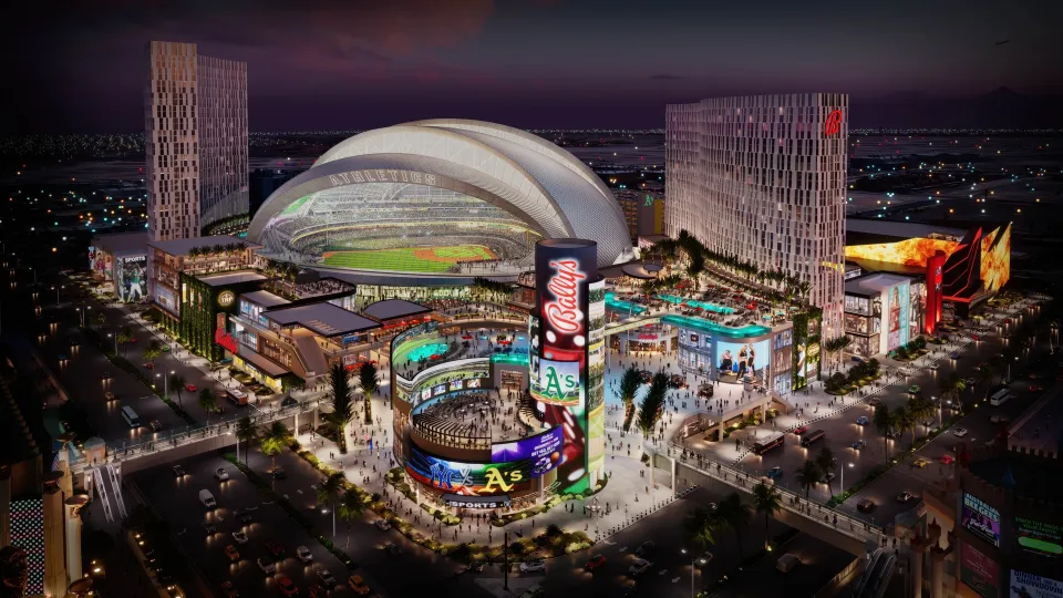 A rendering shows the possible site for the Athletics' new ballpark in Las Vegas at night