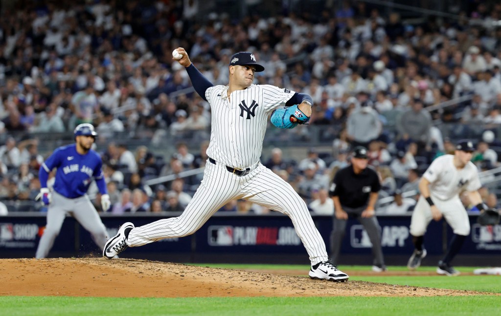 Fernando Cruz throws a pitch during the third inning of Game three of the ALDS against the Toronto Blue Jays in the Bronx, New York, October 07 2025. 