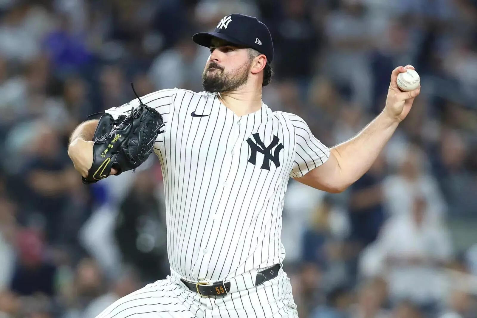 New York Yankees starting pitcher Carlos Rodon (55) pitches against the Toronto Blue Jays (Image via Imagn) New York Yankees starting pitcher Carlos Rodon (55) pitches against the Toronto Blue Jays