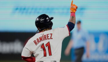Cleveland Guardians' Jose Ramirez gestures as he runs the bases with a home run in the eighth inning of a baseball game against the Miami Marlins in Cleveland, Tuesday, Aug. 12, 2025.