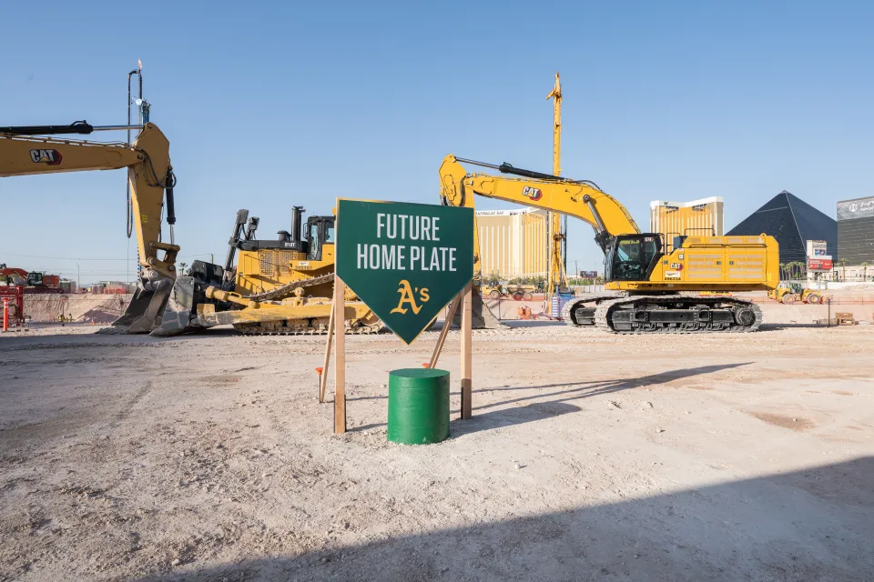 A sign marks the future spot of home plate during ceremonial groundbreaking for the USD 1.75 billion, 33,000-seat domed stadium for Major League Baseball's Athletics at Sutter Health Park on June 23, 2025