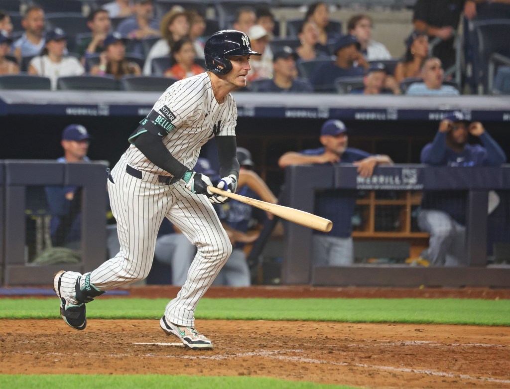 New York Yankees outfielder Cody Bellinger triples.