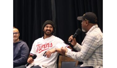 Minnesota Twins TV voice Cory Provus (L), Twins Pitcher Pablo Lopez (C) and WCCO
