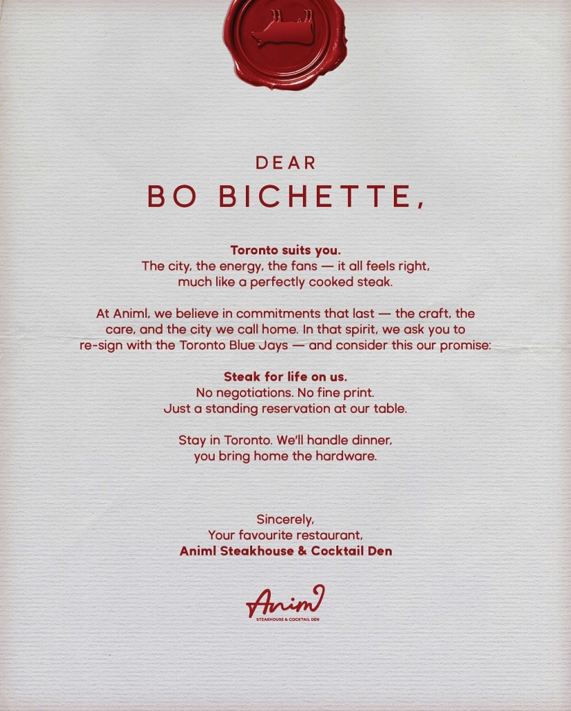 A letter from Animl Steakhouse & Cocktail Den offering Bo Bichette "Steak for life" if he re-signs with the Toronto Blue Jays.