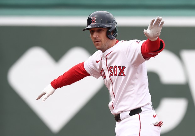 Boston Red Sox Alex Bregman third baseman reacts after hitting a double during the first inning of a Sept. 1 game at Fenway Park. (Nancy Lane/Boston Herald)