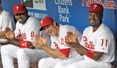 August 10, 2012; Philadelphia, PA USA; Philadelphia Phillies first baseman Ryan Howard (6), second baseman Chase Utley (26) and shortstop Jimmy Rollins (11) applaud former Phillies teammate Mike Lieberthal (not pictured) who was inducted into the Phillies 'Wall of Fame' before the game against the St. Louis Cardinals during game at Citizens Bank Park. Mandatory Credit: Eric Hartline-Imagn Images