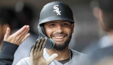 Sep 3, 2025; Minneapolis, Minnesota, USA; Chicago White Sox catcher Edgar Quero (7) celebrates hitting a home run against the Minnesota Twins in the second inning at Target Field. Mandatory Credit: Jesse Johnson-Imagn Images