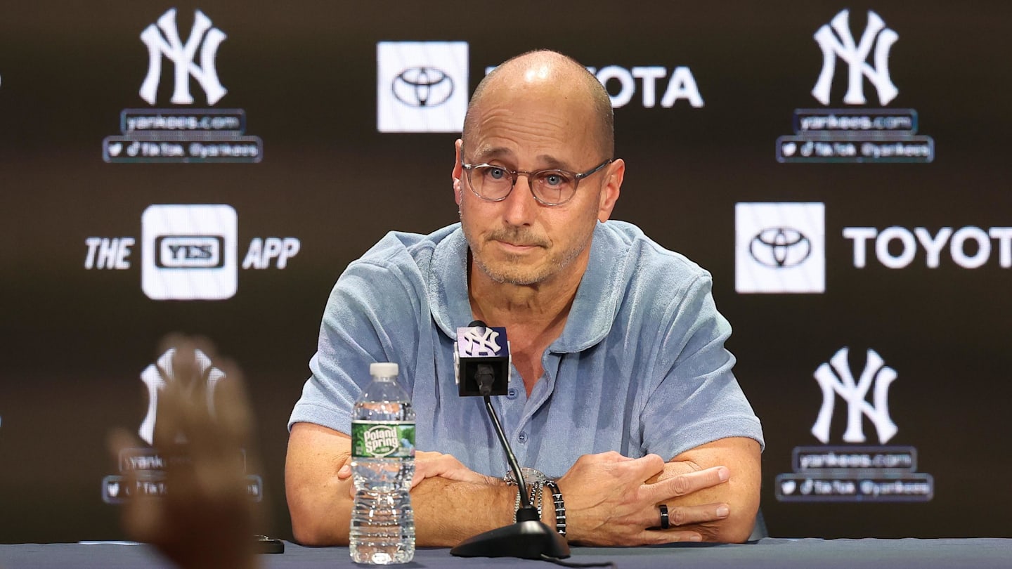Aug 23, 2023; Bronx, New York, USA; New York Yankees general manager Brian Cashman talks with the media before the game between the Yankees and the Washington Nationals at Yankee Stadium. Mandatory Credit: Vincent Carchietta-Imagn Images