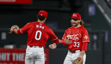 Jun 7, 2024; St. Louis, Missouri, USA;  St. Louis Cardinals second baseman Brendan Donovan (33)celebrates with shortstop Masyn Winn (0) after the Cardinals defeated the Colorado Rockies at Busch Stadium. Mandatory Credit: Jeff Curry-Imagn Images