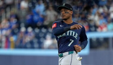 Oct 20, 2025; Toronto, Ontario, CAN; Seattle Mariners second baseman Jorge Polanco (7) warms up before game seven of the ALCS round for the 2025 MLB playoffs against the Toronto Blue Jays at Rogers Centre. Mandatory Credit: Nick Turchiaro-Imagn Images