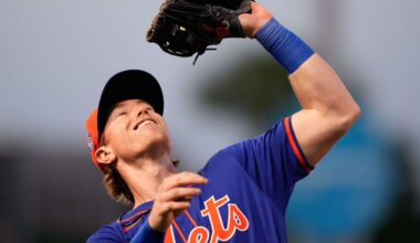 Mar 19, 2024; Port St. Lucie, Florida, USA; New York Mets third baseman Brett Baty (22) catches a fly ball against the St. Louis Cardinals during the fifth inning at Clover Park. Mandatory Credit: Rich Storry-Imagn Images