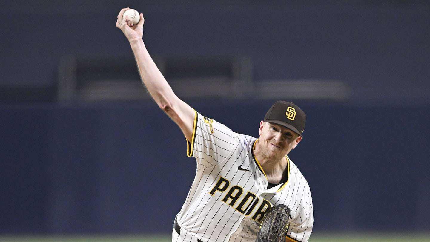 Sep 22, 2025; San Diego, California, USA; San Diego Padres starting pitcher Nick Pivetta (27) delivers during the first inning against the Milwaukee Brewers at Petco Park. Mandatory Credit: Denis Poroy-Imagn Images