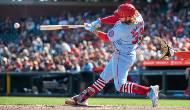 Sep 28, 2024; San Francisco, California, USA; St. Louis Cardinals outfielder Brendan Donovan (33) hits a single against the San Francisco Giants during the fifth inning at Oracle Park. Mandatory Credit: Robert Edwards-Imagn Images