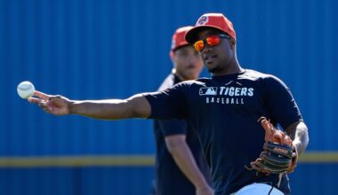 Detroit Tigers infielder Eddys Leonard practices during spring training at TigerTown in Lakeland, Fla. on Monday, Feb. 17, 2025.