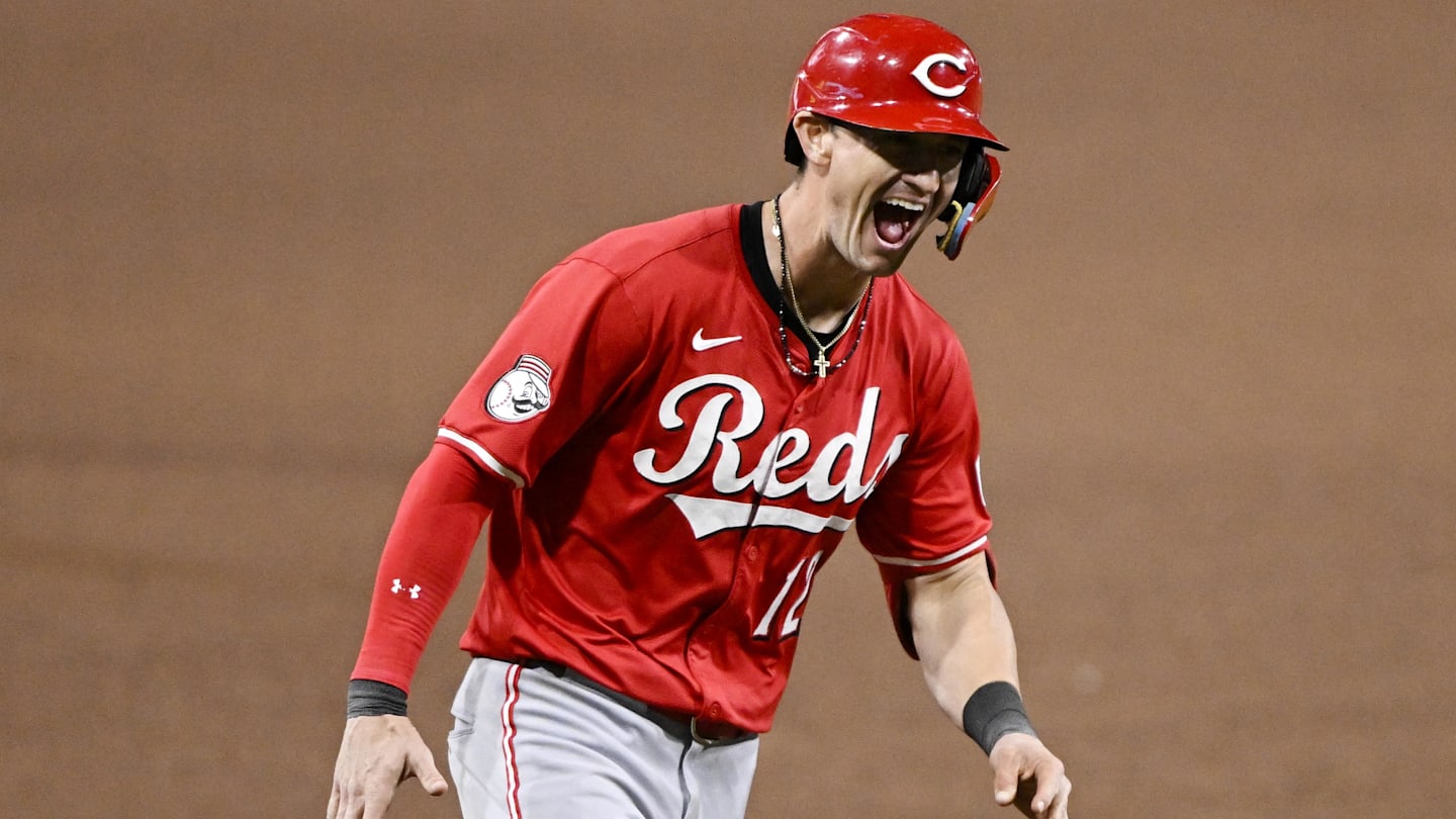 Sep 8, 2025; San Diego, California, USA; Cincinnati Reds left fielder Austin Hays (12) celebrates after hitting a solo home run during the sixth inning against the San Diego Padres at Petco Park. Mandatory Credit: Denis Poroy-Imagn Images