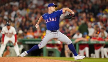 Aug 12, 2024; Boston, Massachusetts, USA; Texas Rangers relief pitcher David Robertson (37) throws a pitch against the Boston Red Sox in the seventh inning at Fenway Park. Mandatory Credit: David Butler II-Imagn Images