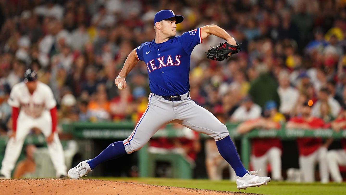Aug 12, 2024; Boston, Massachusetts, USA; Texas Rangers relief pitcher David Robertson (37) throws a pitch against the Boston Red Sox in the seventh inning at Fenway Park. Mandatory Credit: David Butler II-Imagn Images