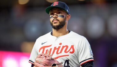 Jul 26, 2025; Minneapolis, Minnesota, USA; Minnesota Twins shortstop Carlos Correa (4) walks to the dugout after the ninth inning against the Washington Nationals at Target Field. Mandatory Credit: Matt Blewett-Imagn Images